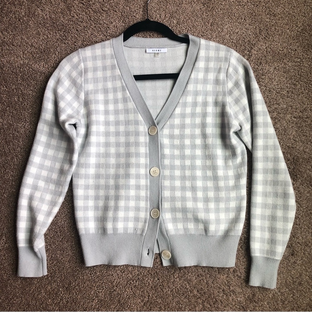Grey and white plaid cardigan